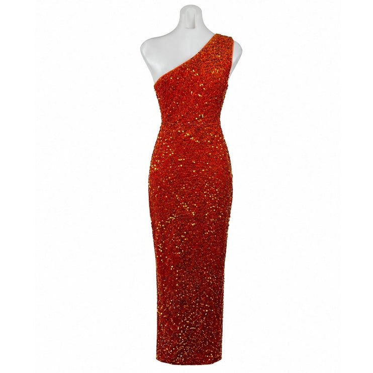 Women's Orange Sequin One Shoulder Slit Evening Gown Maxi Tank Bodycon Dress M