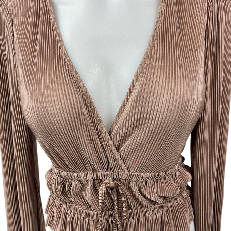 Zara Brown Metallic Pleated V-Neck Long Sleeve Cinched Tie Peplum Blouse Top S