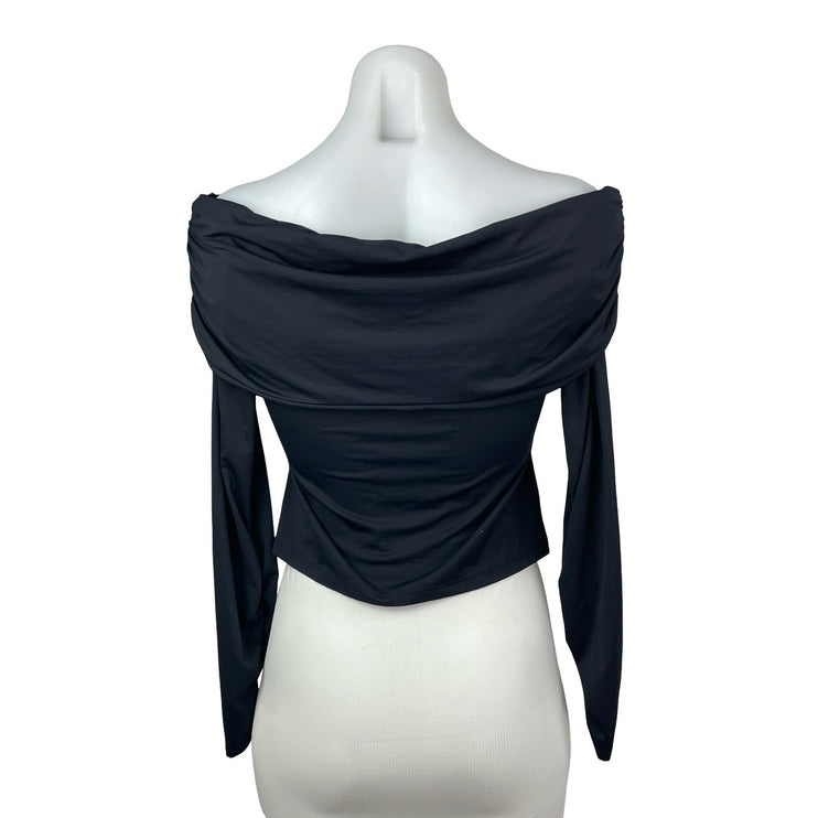 Zara Women's Black Off The Shoulder Ruched Long Sleeve Crop Blouse Top Size L