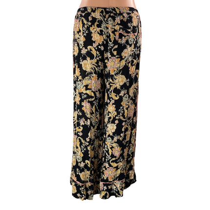 Free People Bali Wildflower Black Floral High Rise Wide Leg Trousers Pants Sz XS