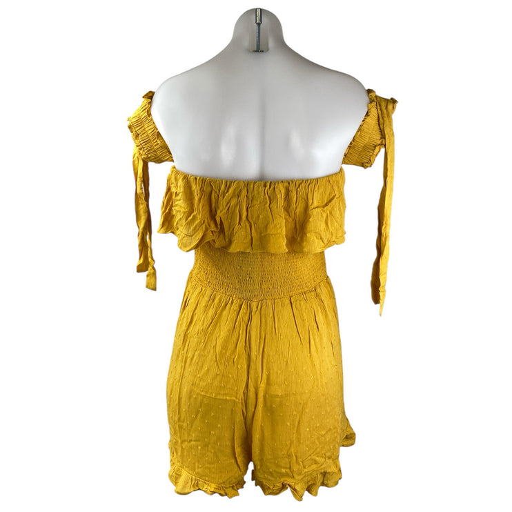 NEW Lulus Yellow Ruffle Smocked Off the Shoulder Wide Leg Romper Jumpsuit Size M