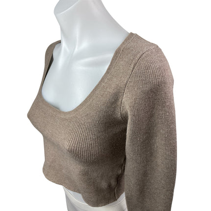 Olivaceous Women's Beige Wool Ribbed Square Neck Long Sleeve Crop Sweater Top M