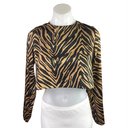 Zara Black Brown Satin Zebra Animal Print Long Sleeve Blouse Crop Top Size XS
