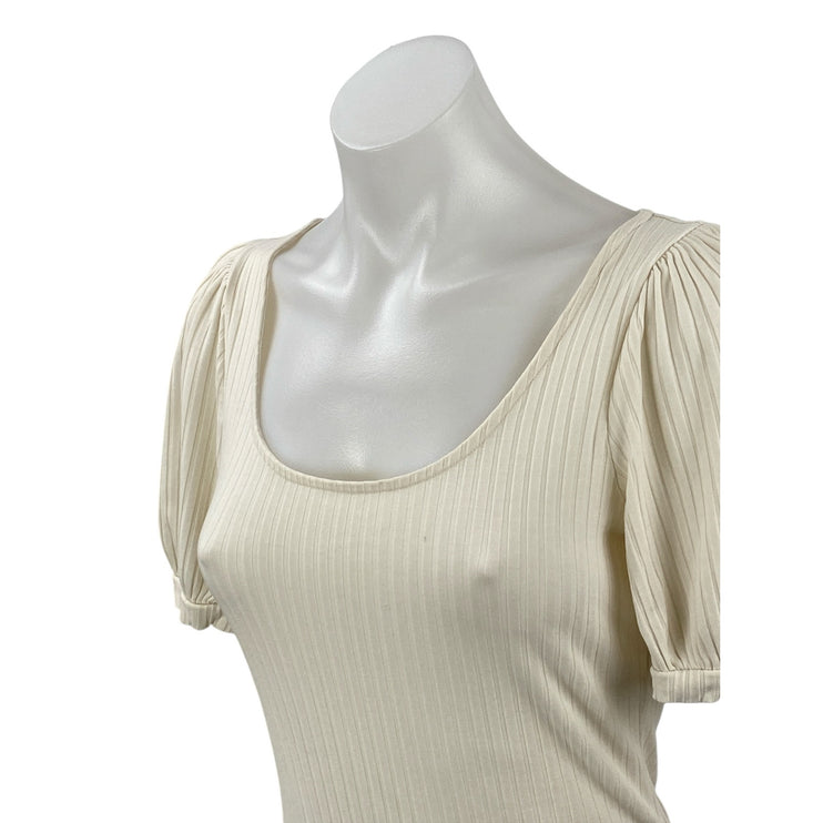 & Other Stories Beige Cream Short Puff Sleeve Scoop Neck Blouse Bodysuit Top M