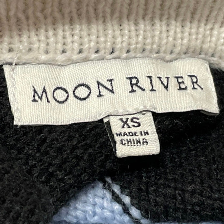 Moon River Women's Blue Black Stripe Colorblock Knit Polo Sweater Top Size XS