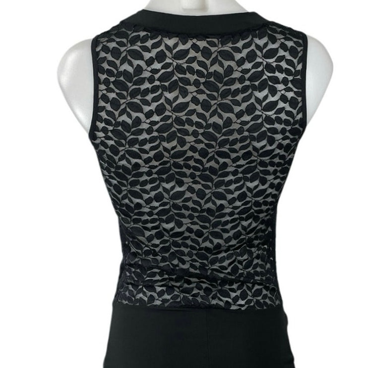 Women's Black Leaf Lace Mesh Sheer Sleeveless Collared Shirt Bodysuit Top Size 6