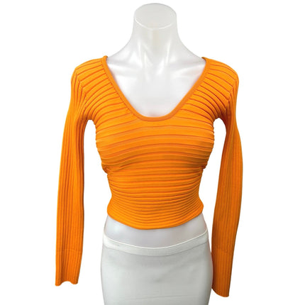 Tibi Orange Ribbed Knit Long Sleeve V Neck Tie Back Cut Out Crop Top Size M