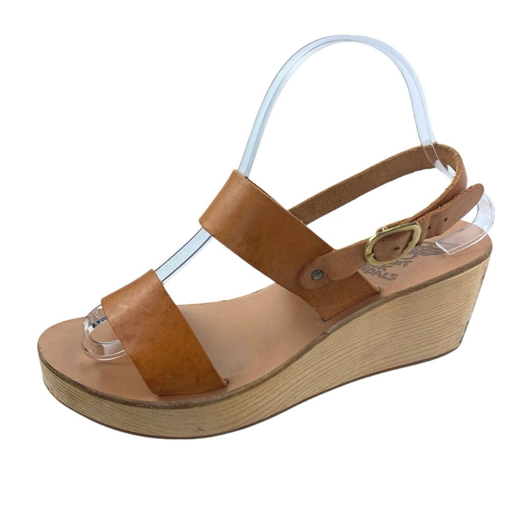 Ancient Greek Sandals Women's Brown Leather Open Toe Slingback Wedge Heels Sz 8