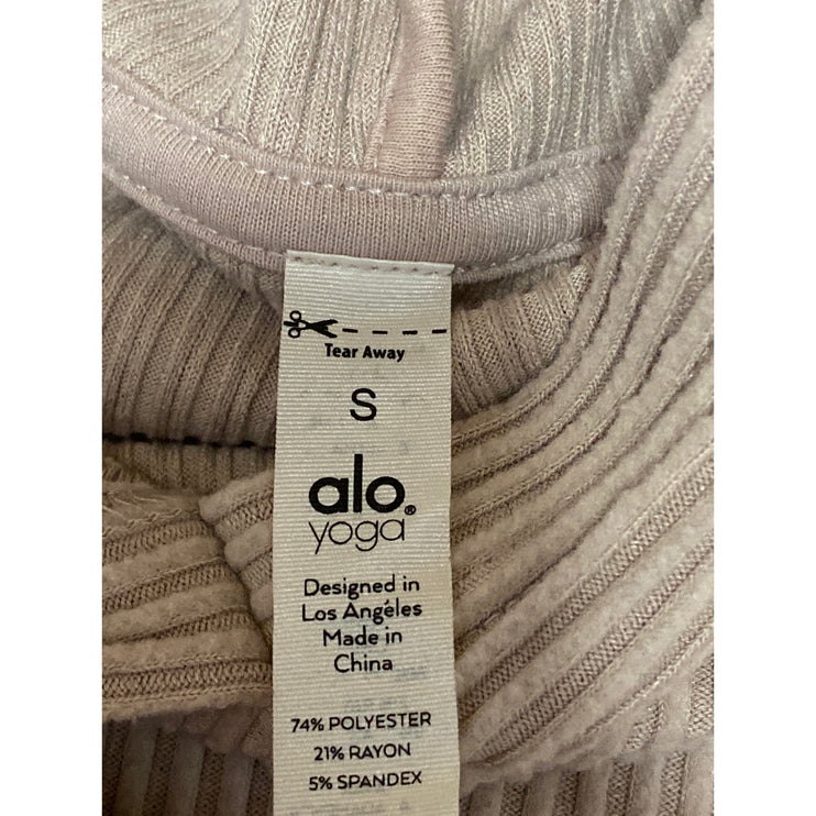 Alo Yoga Women's Beige Ribbed Knit Hoodie Hooded Long Sleeve Crop Sweatshirt S