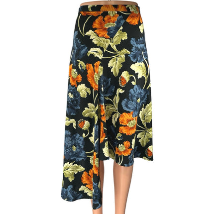 Topshop Navy Blue Multicolor Floral High Waist Asymmetric A Line Midi Skirt Sz 4