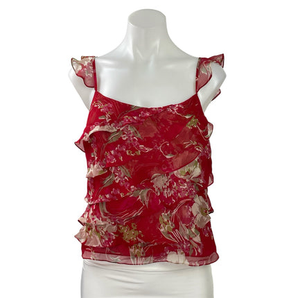 ECI Womens Red Floral Print Sleeveless Ruffle Layered Blouse Tank Top Size 12P
