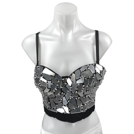 Women's Black Mirror Rhinestone Crystal Sleeveless Cami Camisole Crop Tank Top S