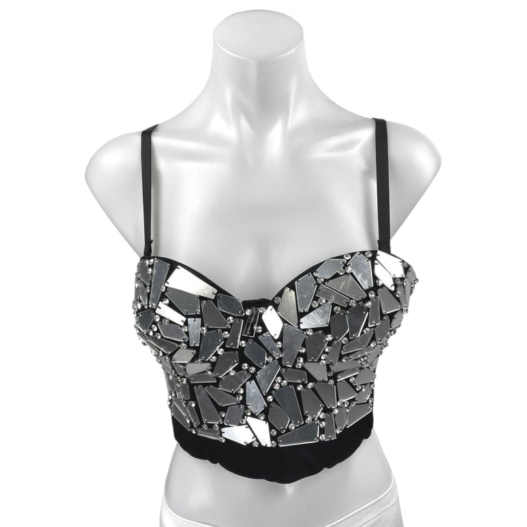Women's Black Mirror Rhinestone Crystal Sleeveless Cami Camisole Crop Tank Top S
