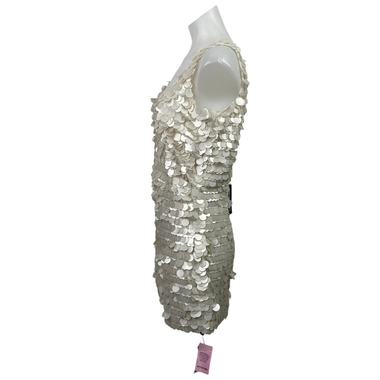 NEW PrettyLittleThing Cream Sequin Scoop Neck Open Back Mini Bodycon Dress 6