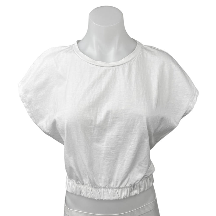 Zara White Crew Neck Elastic Hem Pullover Short Sleeve Crop Tee Blouse Top Sz L