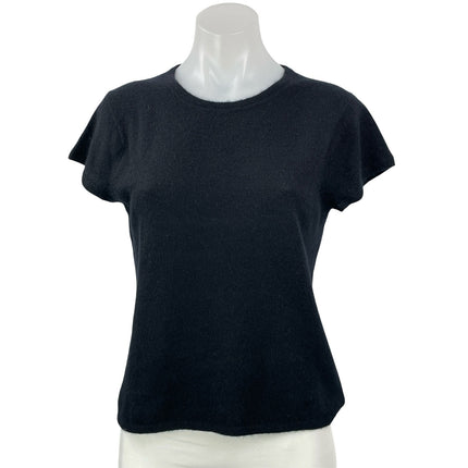 Qi 100% Cashmere Women's Black Short Sleeves Crewneck Basic Tee T-shirt Top Sz M