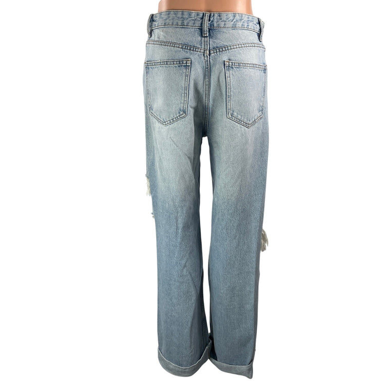 Zara Womens Blue Light Wash Distressed Rip Baggy Wide Leg Denim Jeans Pants Sz 6