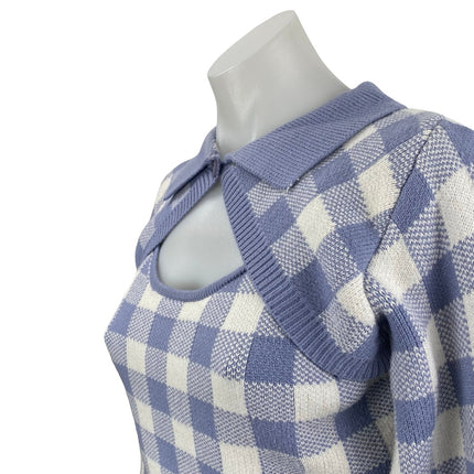 Lola May Women's Blue Gingham Check Long Sleeve Knit Cropped Sweater Top Size 8