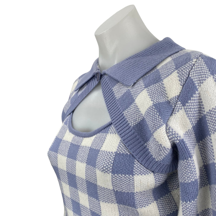 Lola May Women's Blue Gingham Check Long Sleeve Knit Cropped Sweater Top Size 8