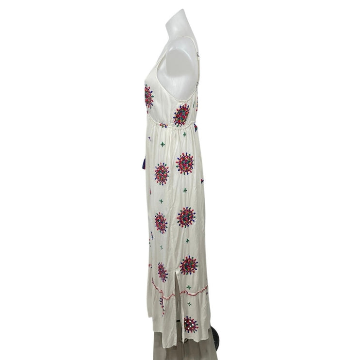 Ananta White Embroidered Tassel Sleeveless Boho Summer A Line Maxi Dress L/XL