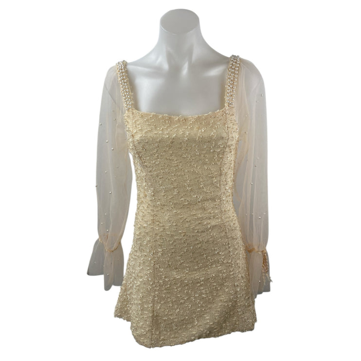 Ailunma Women's Beige Cream Long Sleeve Mesh Beaded A Line Mini Dress Size S