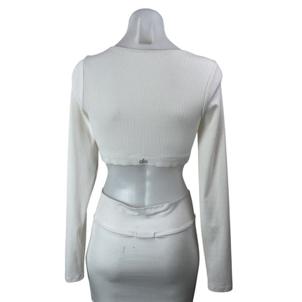 Alo Womens White Long Sleeves Activewear Ribbed Knit Scoop Neck Crop Top Size S