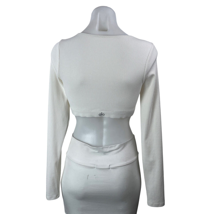 Alo Womens White Long Sleeves Activewear Ribbed Knit Scoop Neck Crop Top Size S