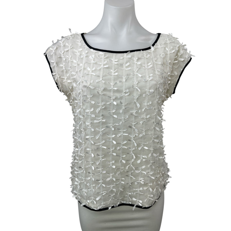 Ann Taylor Women's White Lace Bow Ribbon Short Cap Sleeve Shirt Blouse Top Sz S