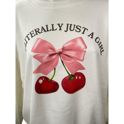Wound Up Cream Cherry Bow Fleece Just A Girl Long Sleeve Sweatshirt Top Size L