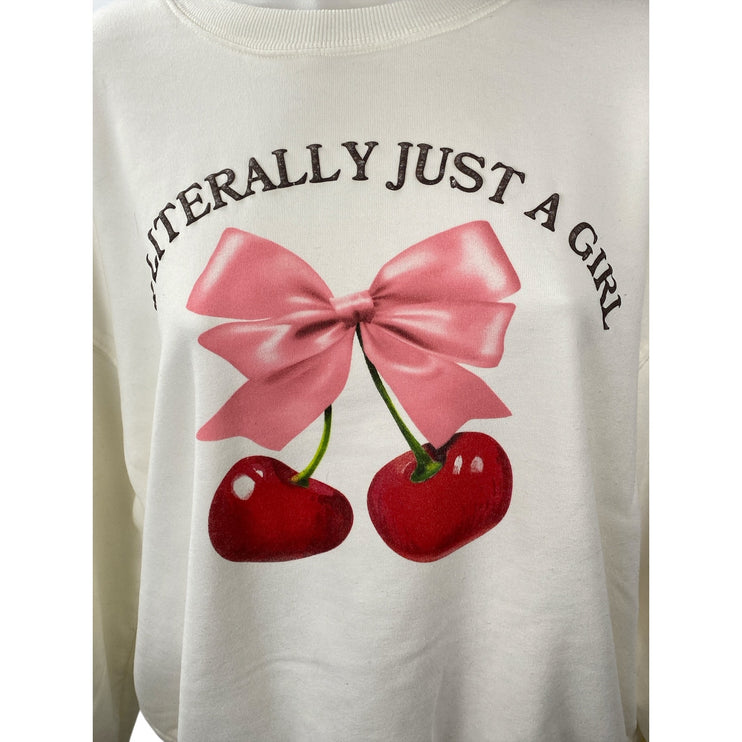 Wound Up Cream Cherry Bow Fleece Just A Girl Long Sleeve Sweatshirt Top Size L