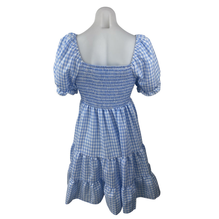 Dokuritu Blue Checkered Short Puff Sleeve Tiered Smocked Mini A-Line Dress Sz M