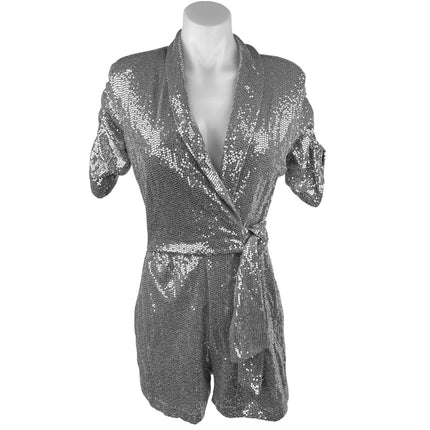 Zara Silver Metallic Sequin Sparkly Shimmer Short Sleeve Wrap Romper Shorts Sz S