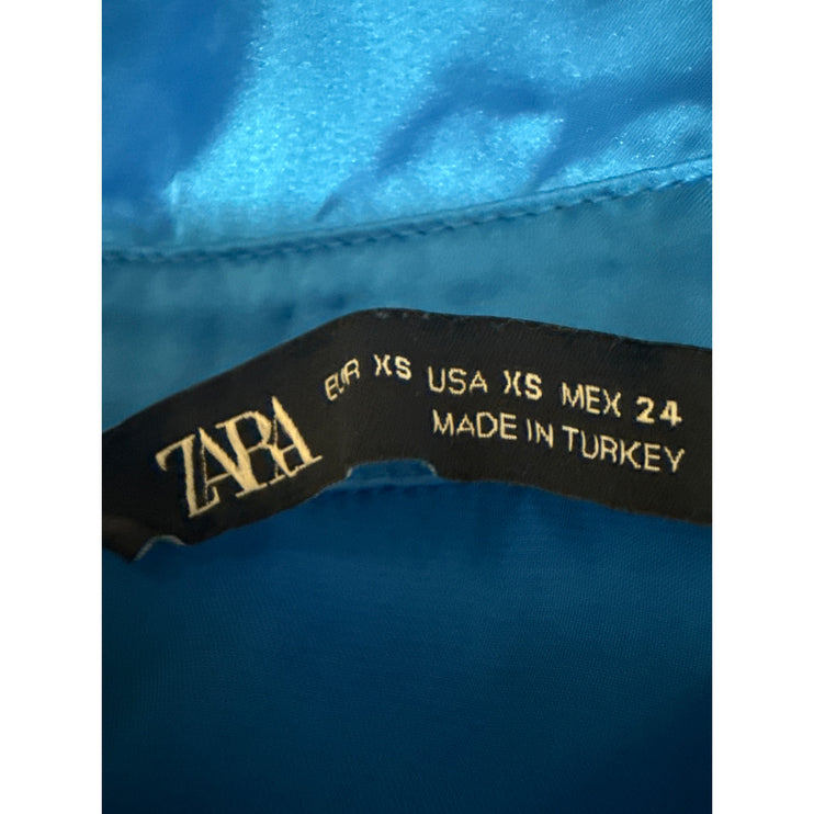 Zara Women's Blue Silk Satin Long Sleeve V Neck Button Down Shirt Top Size XS
