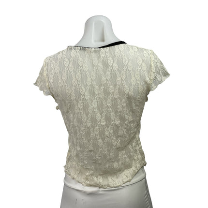 Kimchi Blue Womens White Floral Lace V-neck Short Cap Sleeve Sheer Blouse Top L