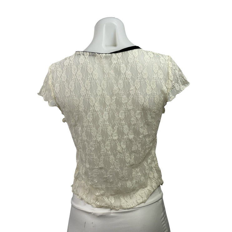 Kimchi Blue Womens White Floral Lace V-neck Short Cap Sleeve Sheer Blouse Top L