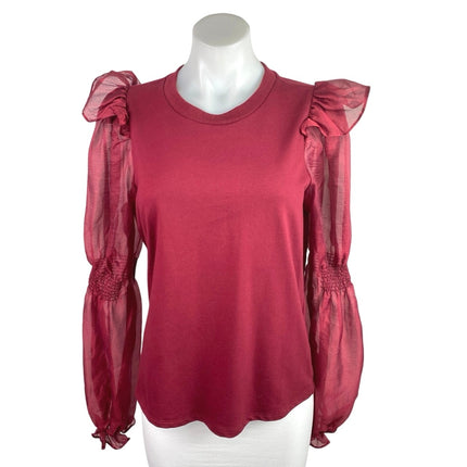 Anthropologie Women's Red Ruffled Long Puff-Sleeve Organza Knit Blouse Top Sz M