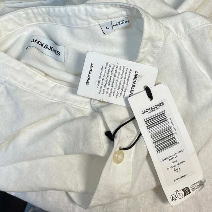 NEW Jack & Jones Breeze Men's White Half Button Henley Long Sleeve Shirt Size L
