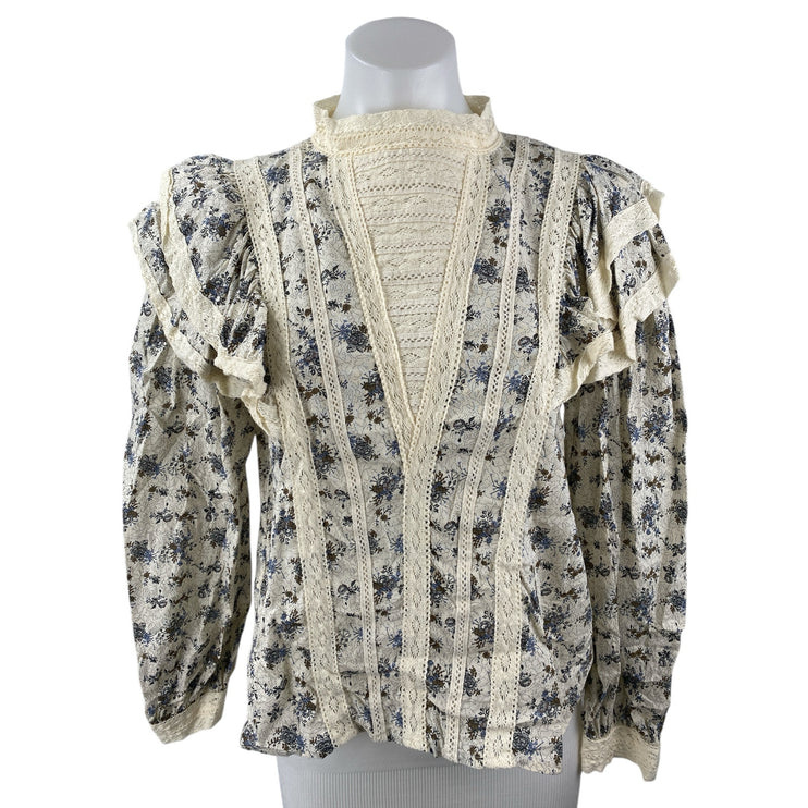 MNG Mango Overy Cream Black Floral Lace Embroidered Long Sleeve Blouse Top Sz 4