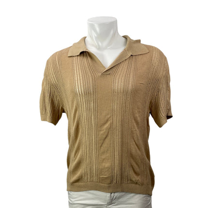Urban Outfitters Men's Beige Short Sleeves Open Knit Striped Polo Sweater Top L