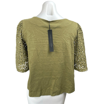 NEW Jane Delancey Green Embroidered Eyelet Short Puff Sleeve Blouse Top Size M