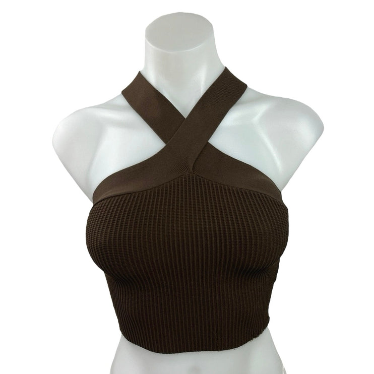 Aritzia Babaton Brown Sculpt Knit Criss Cross Stretch Cropped Tank Top Size 2XS