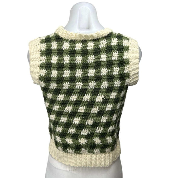 Women's Green White Checkered Plaid Sleeveless Knitted Sweater Vest Tank Top S