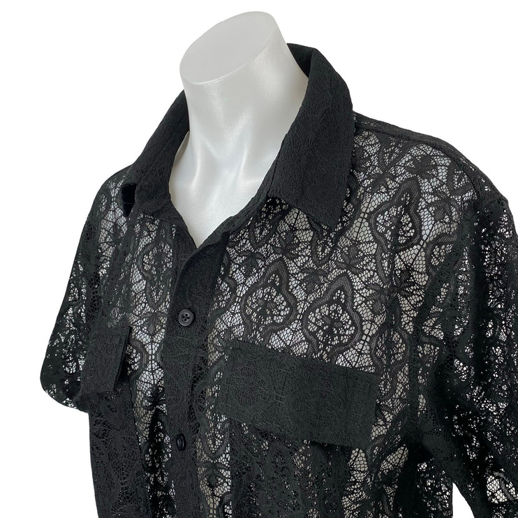 Forever 21 Men's Black Floral Lace Sheer Mesh Short Sleeve Button Up Shirt Top S