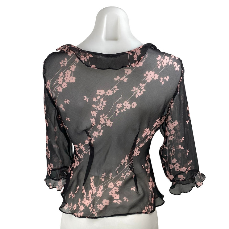 Women's Black Pink Floral Mesh Sheer Ruffle V Neck Half Sleeve Blouse Top Size S