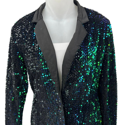 PrettyLittleThing Green Black Sequin Long Sleeve Open Blazer Coat Jacket Size 14