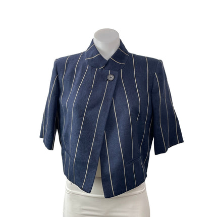 NEW Zara ZW Collection Navy Blue Short Sleeves Striped Linen Blend Coat Jacket S