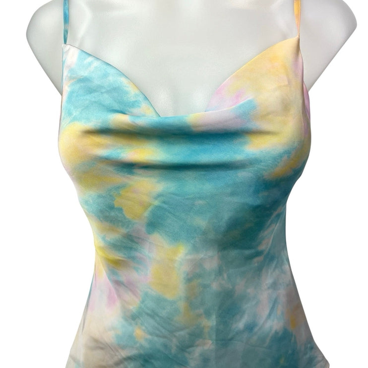 Zara Multicolor Silk Satin Tie Dye Cowl Neck Cami Camisole Crop Tank Top Size XS