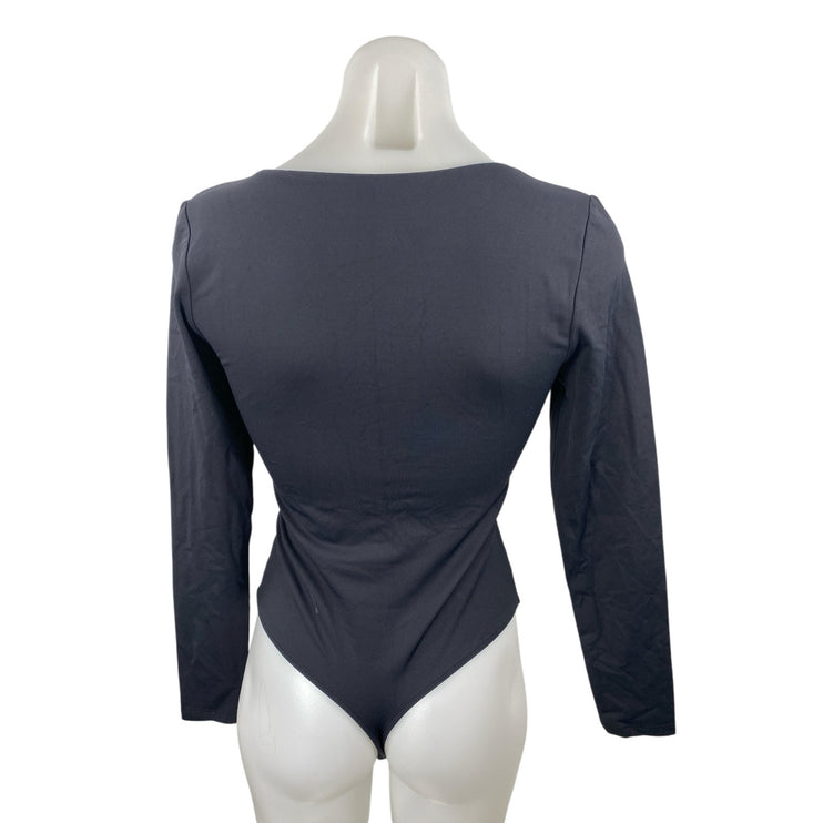 Aritzia Babaton Black Long Sleeve Plunge V Neck Thong Blouse Bodysuit Top Size M