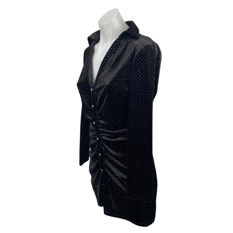 Zara Black Metallic Dot Velvet Ruched Button-Down Long Sleeve Mini Shirt Dress S