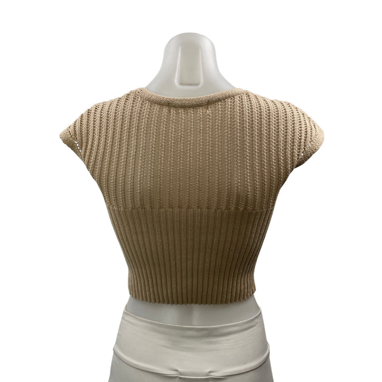 DNA Women's Beige Short Cap Sleeves Open Knit Crochet Cardigan Crop Top Size S